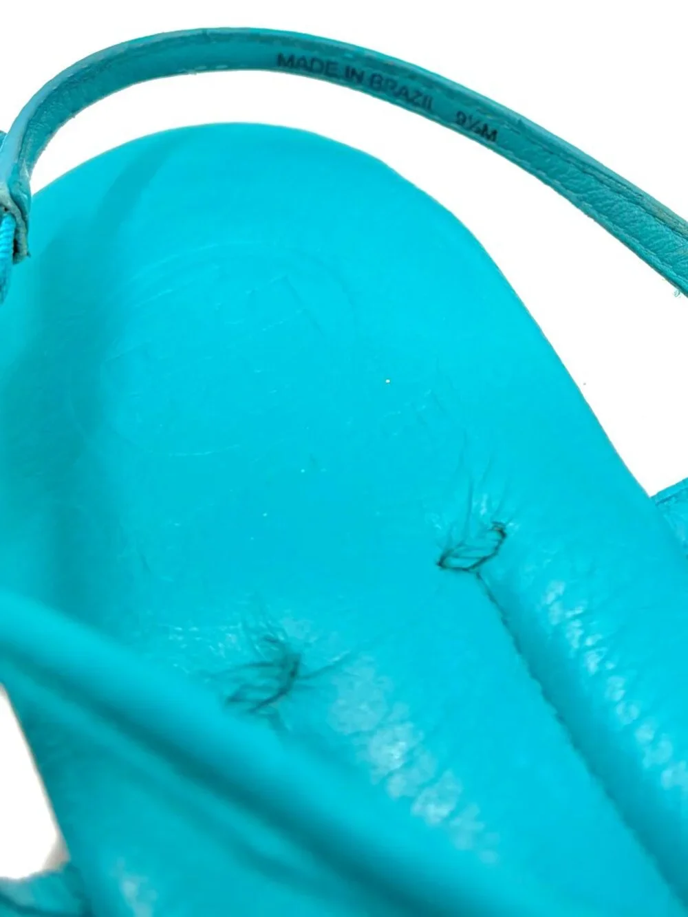 TORY BURCH~Emmy~TURQUOISE BLUE LEATHER GOLD LOGO T-STRAP SANDALS Size 9.5